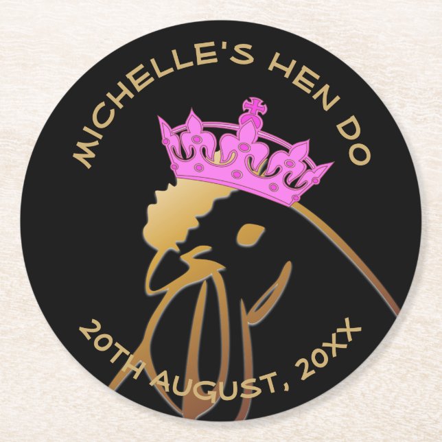 Hen in Pink Crown Bachelorette Party Custom Round Paper Coaster (Front)