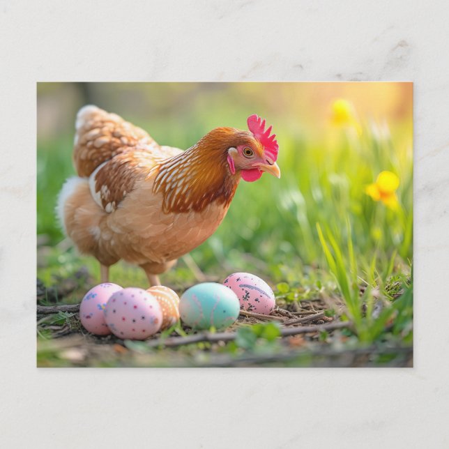 Hen Next to Easter Nest with Colorful Eggs Postcard (Front)