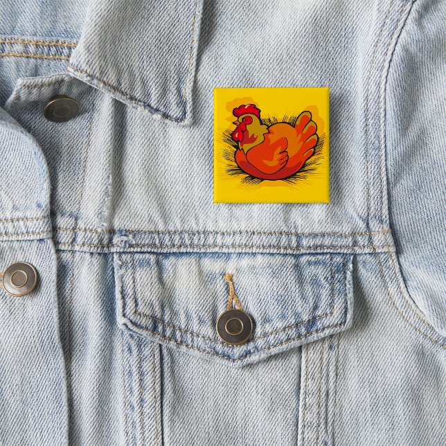 Hen on Nest Bright Farmyard Chicken 2 Inch Square Button (Creator Uploaded)