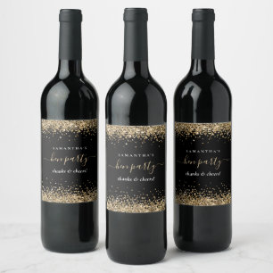 Hen Party Black Gold Glitter Name Thanks Wine Label