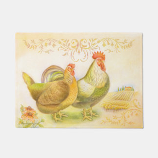 Hen & rooster doormat set in Italian countryside.