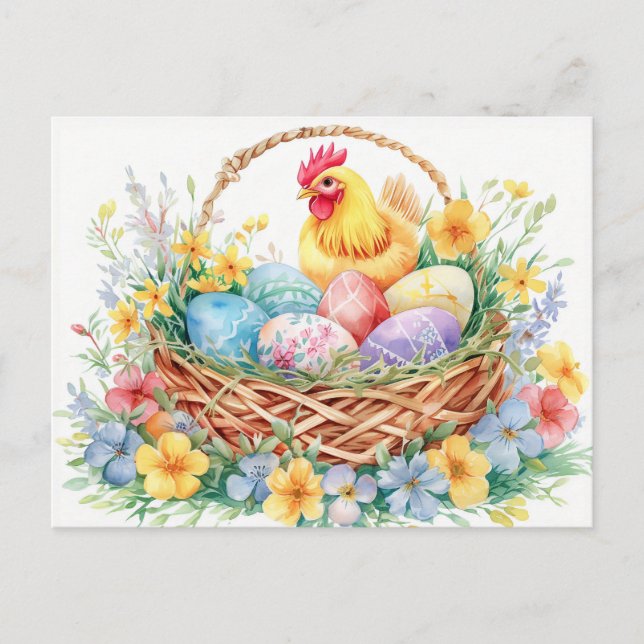 Hen stands beside an Easter nest filled with eggs Postcard (Front)