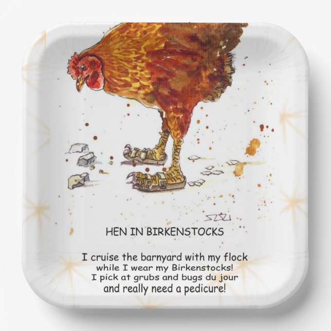 Hen wearing Birkenstocks Paper Plate (Front)