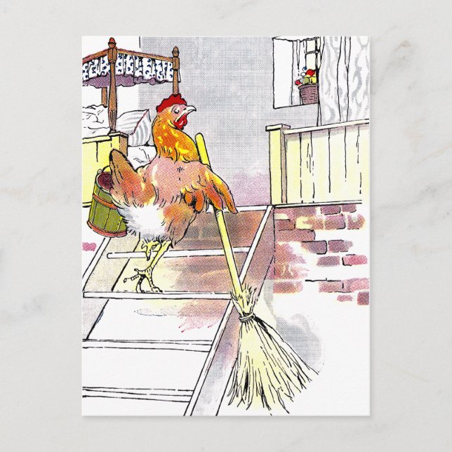 Hen with Broom Mounting Stairs to Bedroom Postcard (Front)