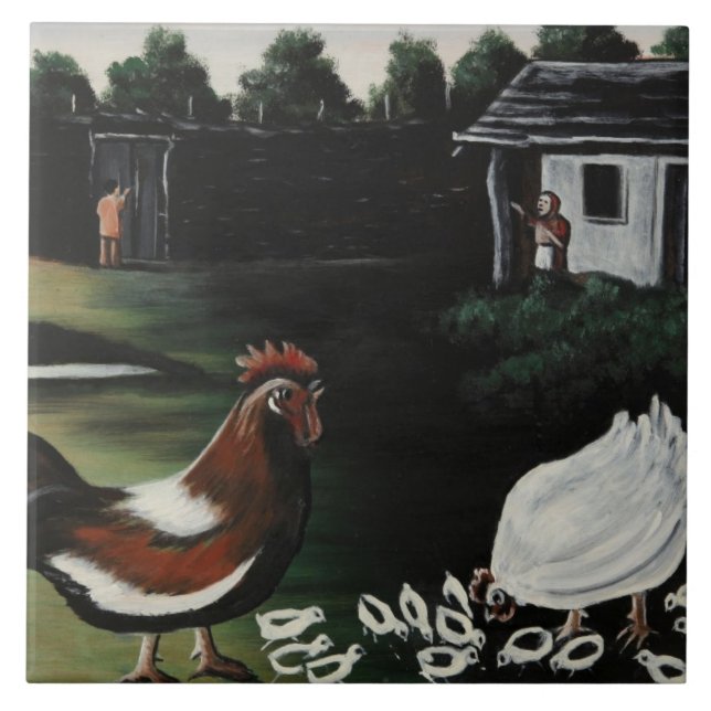 Hen with her Chicks in a Rural Farmyard Landscape Tile (Front)