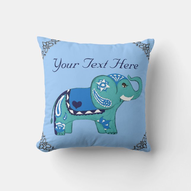 Henna Elephant (Blue/Light Blue) Throw Pillow (Front)