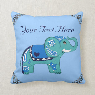 Henna Elephant (Blue/Light Blue) Throw Pillow
