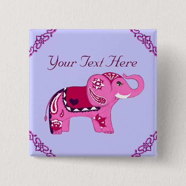 Henna Elephant (Purple) 2 Inch Square Button (Front)