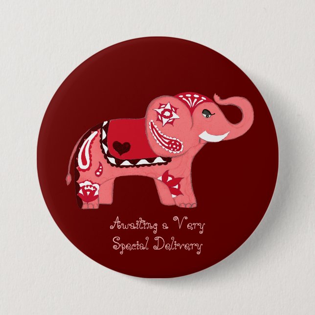 Henna Elephant (Red/Pink) (Baby Shower) 3 Inch Round Button (Front)