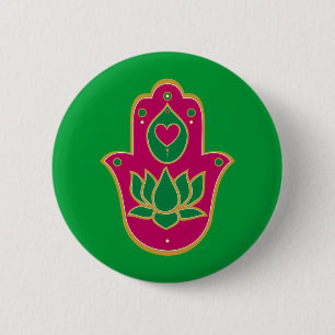 Henna Hamsa Lotus Green & Pink 2 Inch Round Button