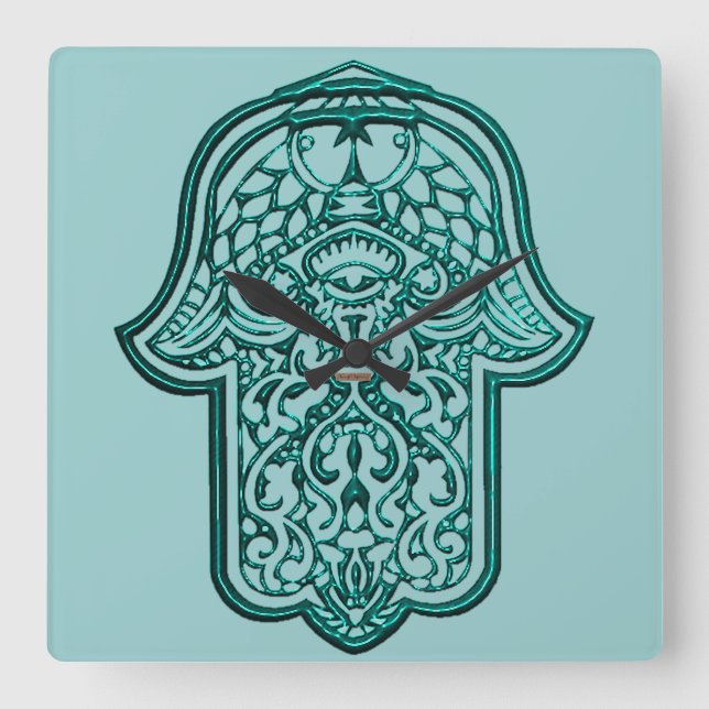 Henna Hand of Hamsa (Teal) Square Wall Clock (Front)