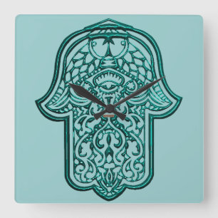 Henna Hand of Hamsa (Teal) Square Wall Clock