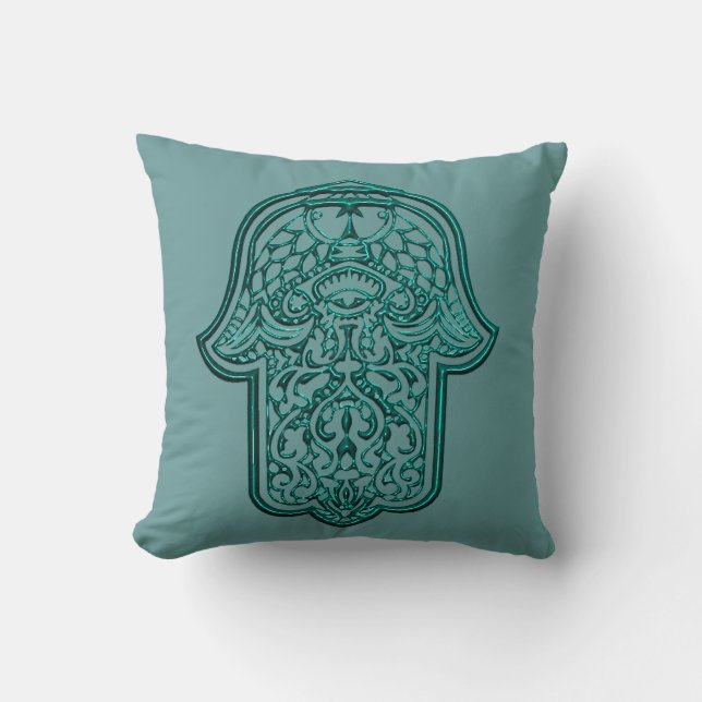 Henna Hand of Hamsa (Teal) Throw Pillow (Front)