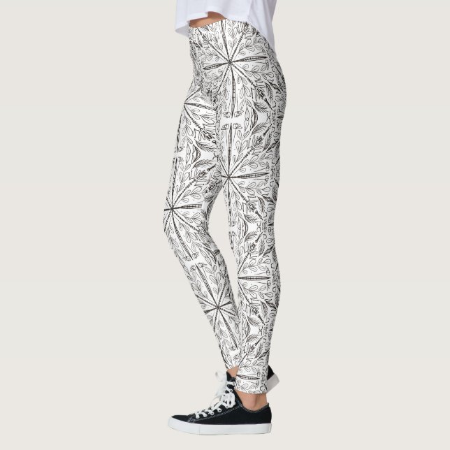 Henna Mandala Black White Floral Leggings (Left)