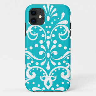 henna style damask turquoise blue and white iPhone 11 case