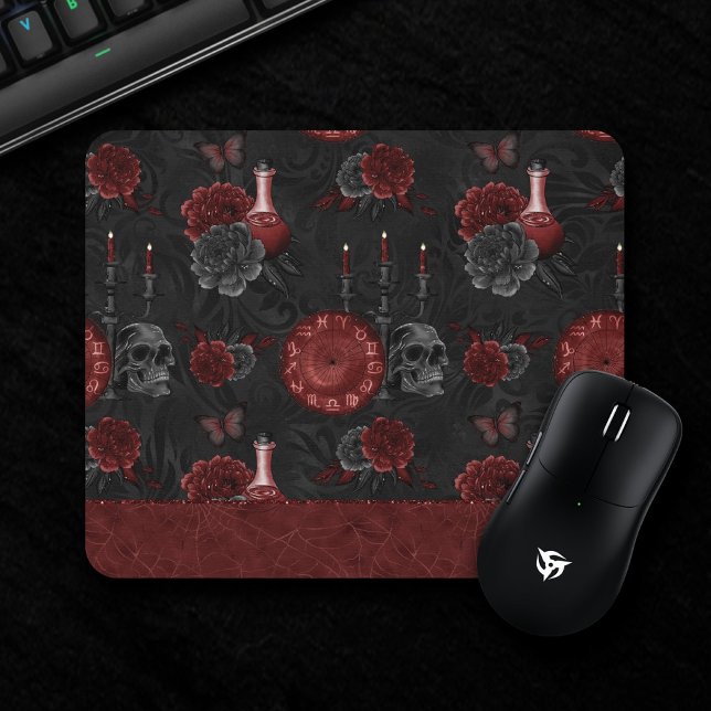 Henna Zodiac Magic | Red Gothic Skull Roses Potion Mouse Pad (Creator Uploaded)