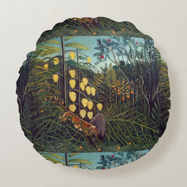 Henri Rousseau Struggle between Tiger and Bull Round Pillow (Front)
