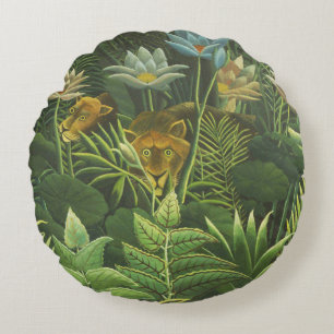 Henri Rousseau Tropical Jungle Lion Vintage Print Round Pillow