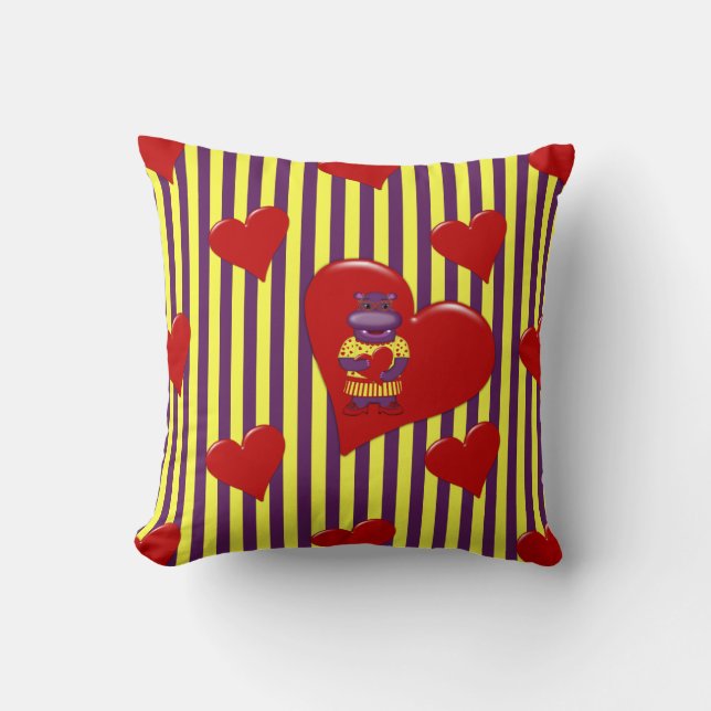 Henrietta Hippo Throw Pillow-Purple-Yellow Stripes Throw Pillow (Front)