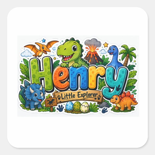 Henry Explorer Dinosaur Personalized Stricker Square Sticker (Front)