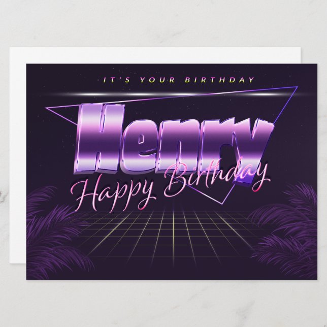 Henry Nom carte rétro lilas anniversaire (Devant / Derrière)