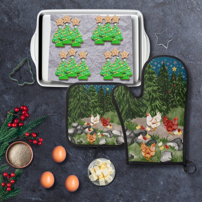 Hens, chicks, and snowflakes blue oven mitt & pot holder set (Creator Uploaded)