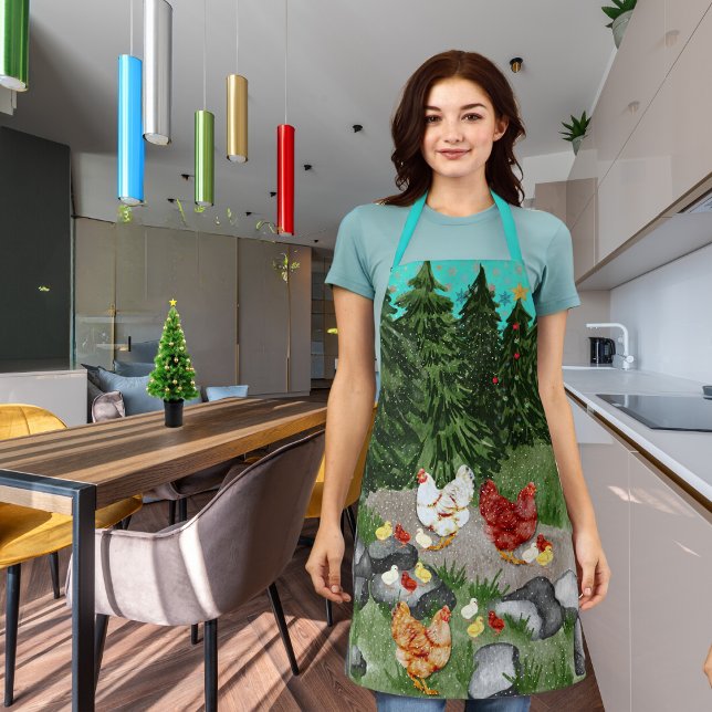Hens, chicks, and snowflakes turquoise blue apron (Creator Uploaded)