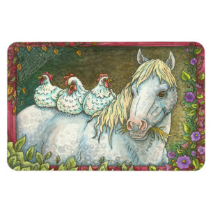 HENS IN THE STABLE, HORSE AND CHICKEN MAGNET Lg.