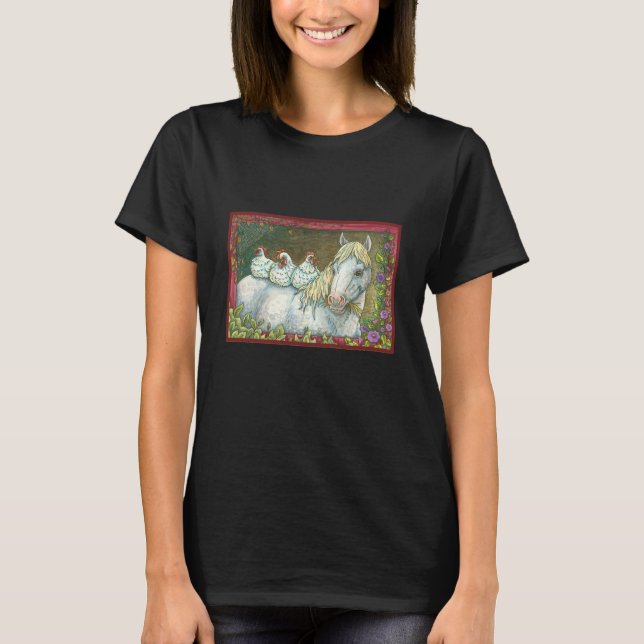 HENS IN THE STABLE, HORSE AND CHICKENS T-SHIRT Blk (Front)