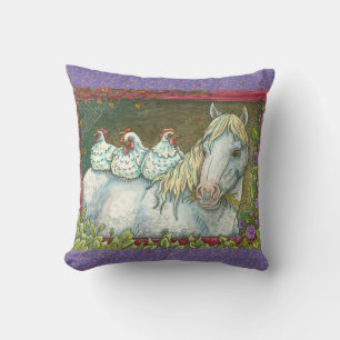 HENS IN THE STABLE, HORSE THROW PILLOW Blues