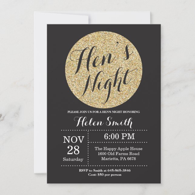 Hens Night Black and Gold Glitter Invitation Card (Front)