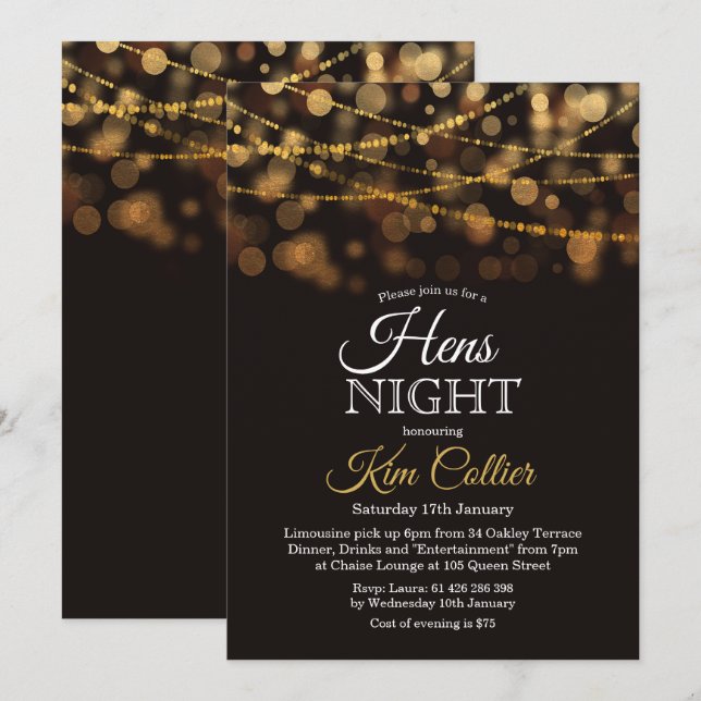 Hens Night Party Glitter Lights Invitation (Front/Back)