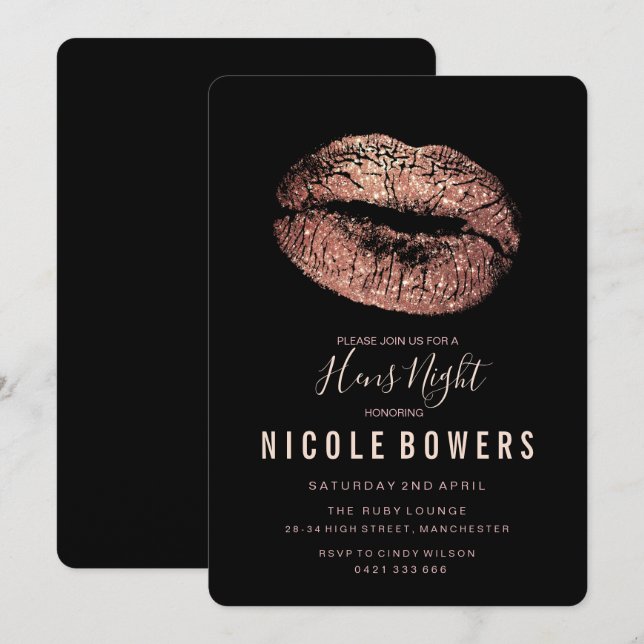 Hens Night Rose Gold Lips Invitation (Front/Back)