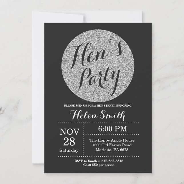 Hens Party Black and Silver Glitter Invitation (Front)