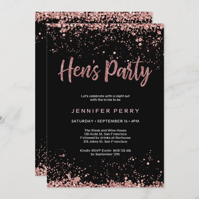 Hen's Party rose gold glitter Invitation (Front/Back)