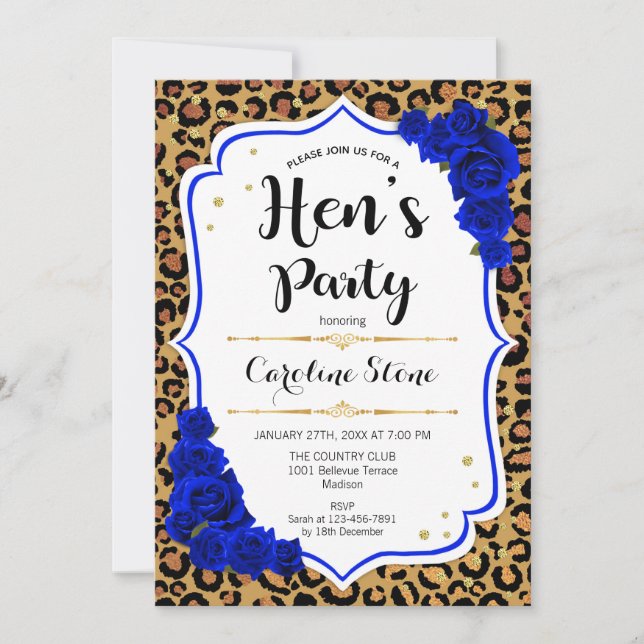 Hen's Party - Royal Blue Gold Leopard Print Invitation (Front)