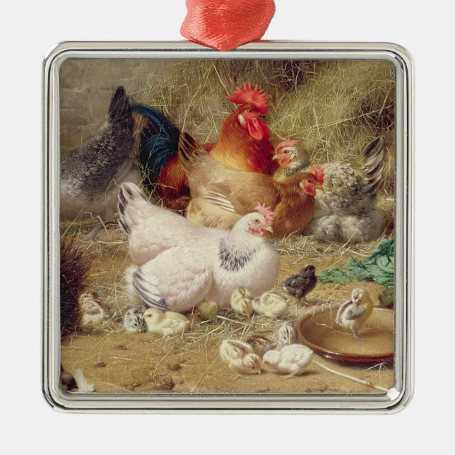 Hens roosting with their chickens metal ornament (Front)