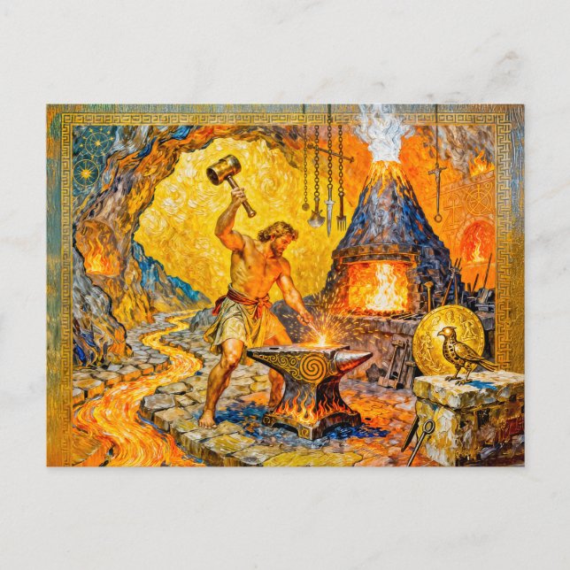 Hephaestus in Forge with Hammer, Anvil, Volcano Fu Postcard (Front)