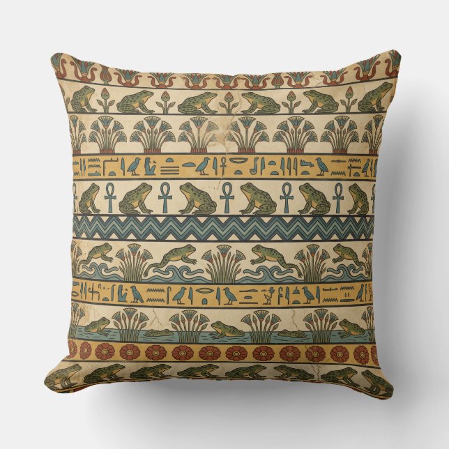 Heqet’s Blessing: Ancient Egyptian Frog Fresco Throw Pillow (Front)