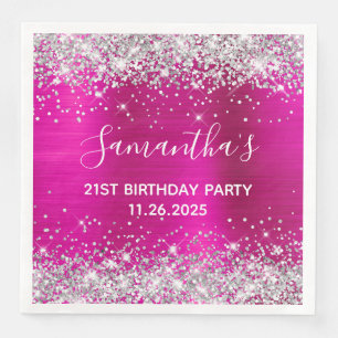 Her 21st Birthday Hot Pink and Silver Glitter Napkin