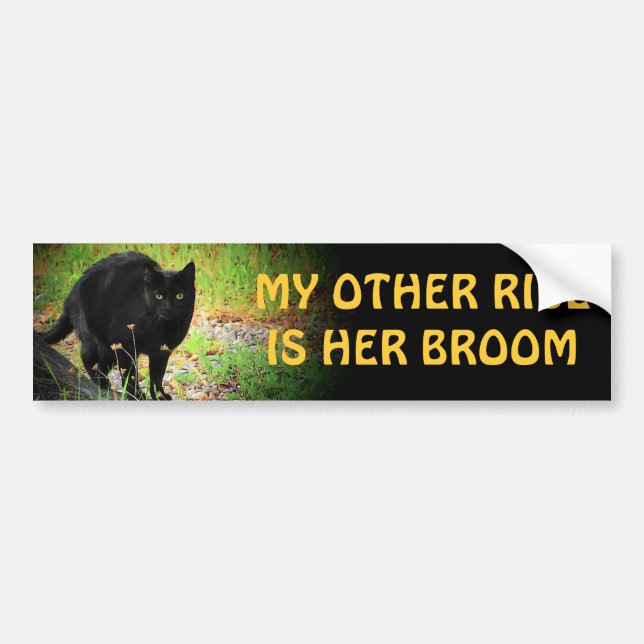 her broom - Arched Black Cat Bumper Sticker (Front)