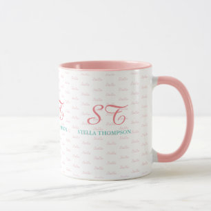 her elegant pink mug with monogram
