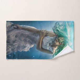 Her Emerald Curls - Mermaid Hovering Underwater Hand Towel
