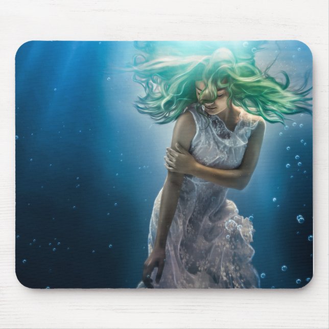Her Emerald Curls - Mermaid Hovering Underwater Mouse Pad (Front)
