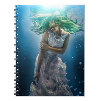 Her Emerald Curls - Mermaid Hovering Underwater Notebook