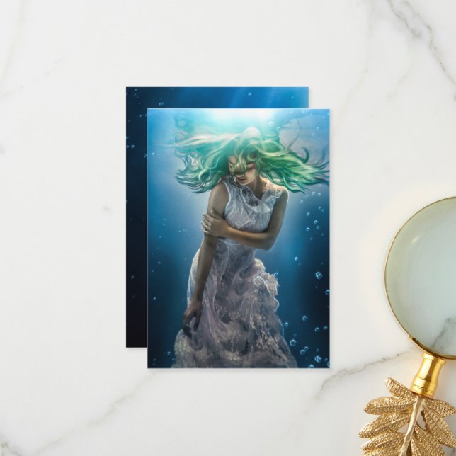 Her Emerald Curls - Mermaid Hovering Underwater Thank You Card (Front/Back In Situ)