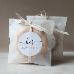 Her Favourite Сalligraphic Favour Gift Classic Rou Classic Round Sticker<br><div class="desc">Her Favourite Favour Sticker with modern calligraphy for Wedding Welcome Bag. Design features a modern style script text layout. To make advanced changes,  please select "Click to customize further" option under Personalize this template.</div>