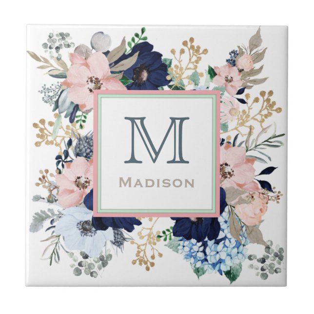 Her Favourite Blue & Pink Rose Monogram  Tile (Front)