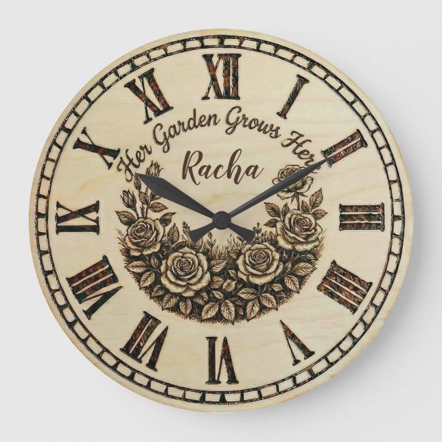 Her Garden Grows Here | Custom Name wall clock  (Front)