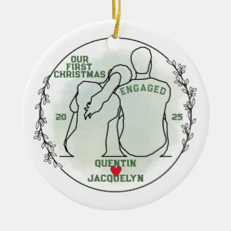 Her Head on His Shoulder - First Christmas Engaged Ceramic Ornament